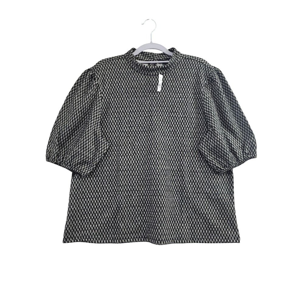 Ann Taylor Factory Top Women XL Black Gold Geometric Puff Sleeve Mock Neck New